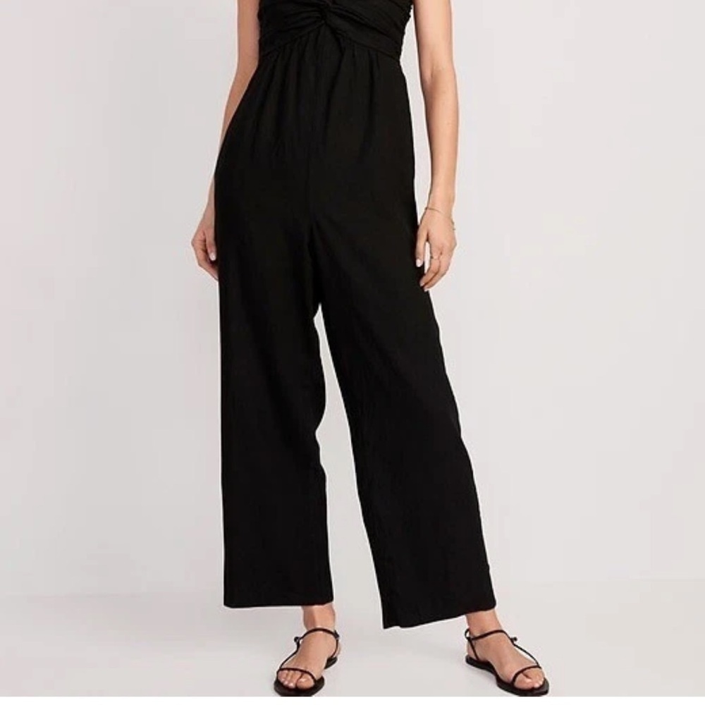 Old Navy Black Linen Blend Twist Cami Wide-Leg Jumpsuit S Lagom Boho Hippie Fest - Picture 1 of 11
